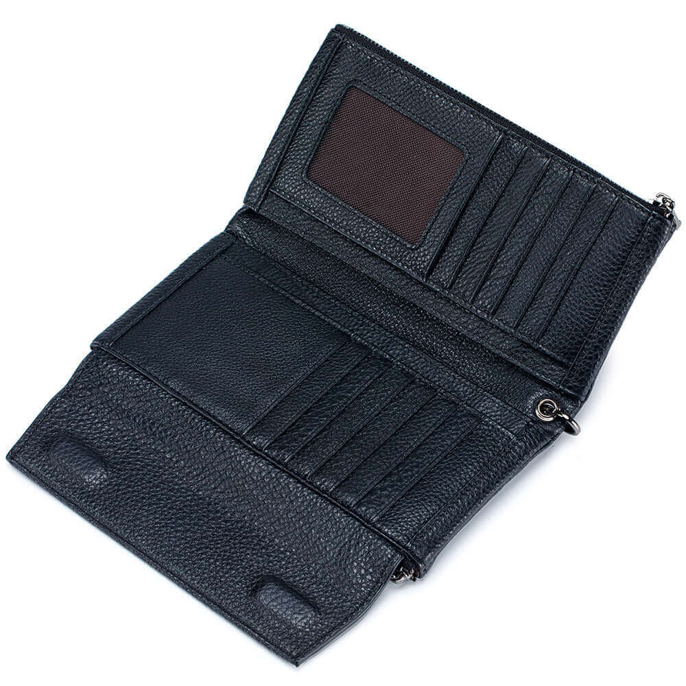 Open view of the elegant leather envelope wallet, showing its interior organization.