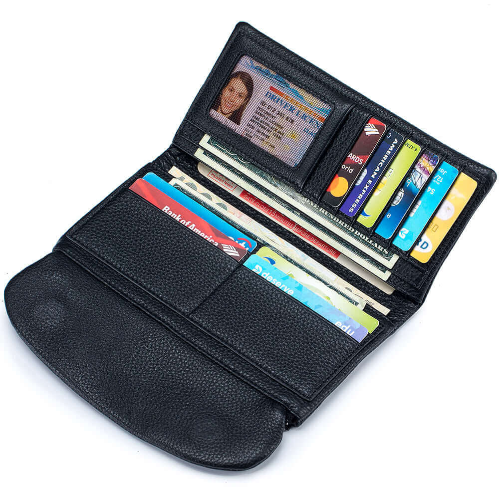 Open view of the elegant leather long wallet, showing its interior organization.