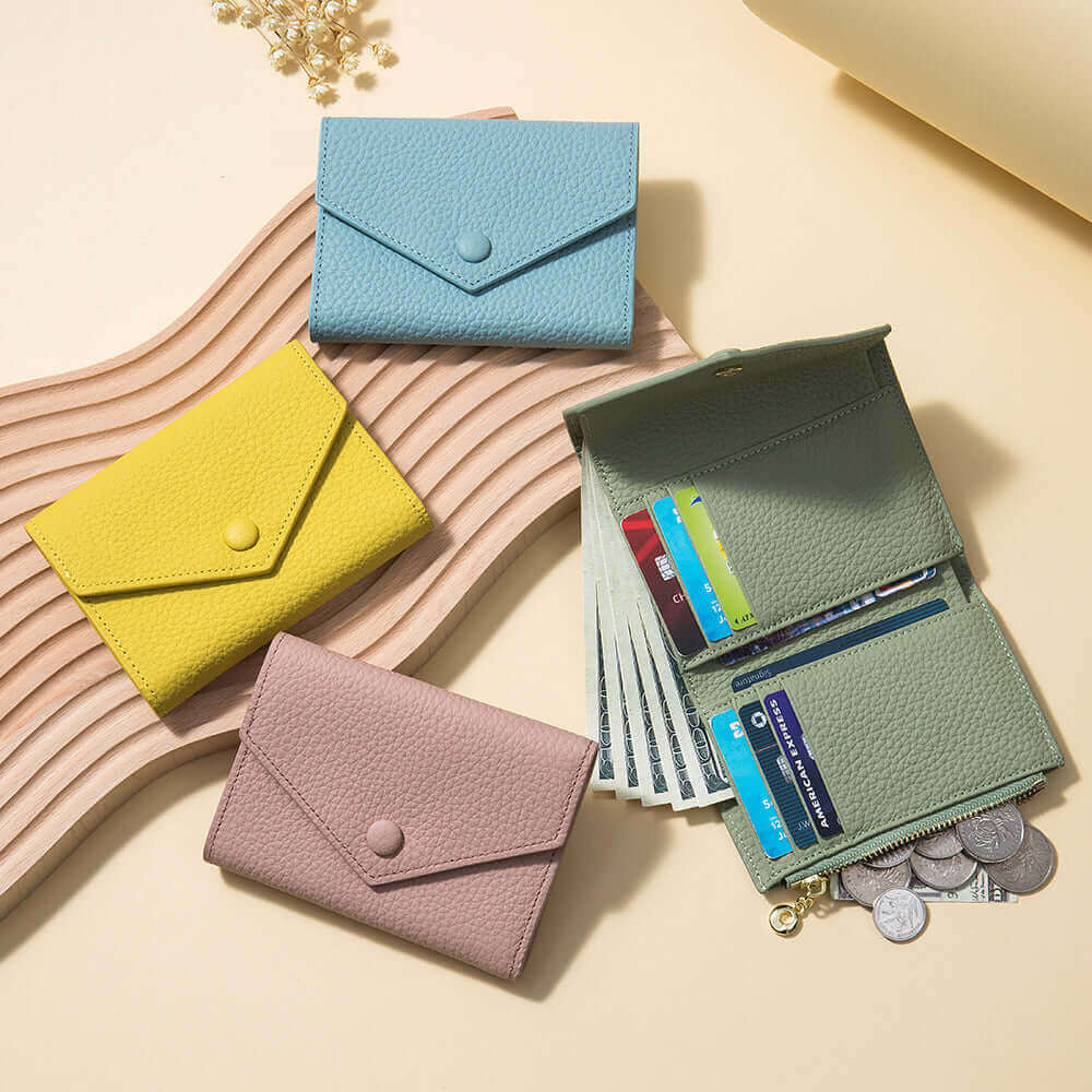 Women's envelope-style leather wallets in multiple colors.