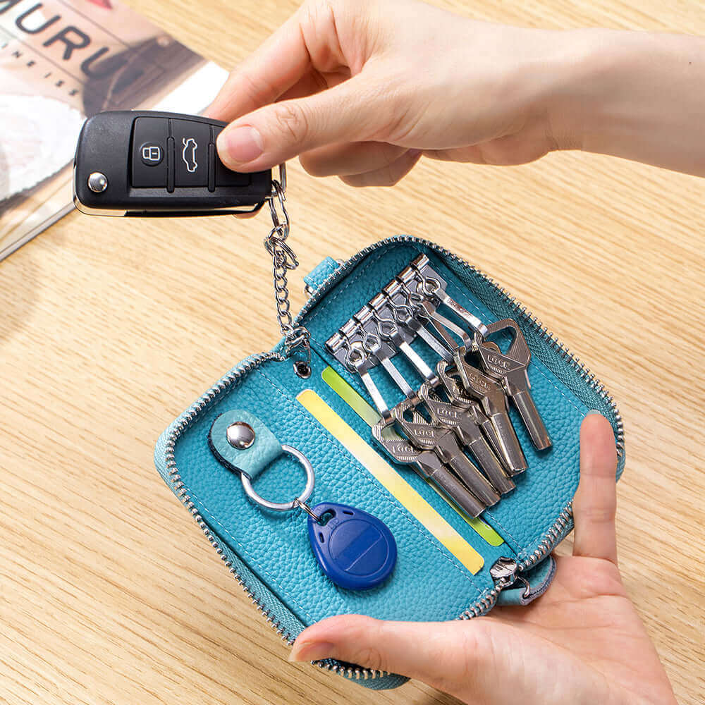 Functional leather key holder wallet with detachable key chain.