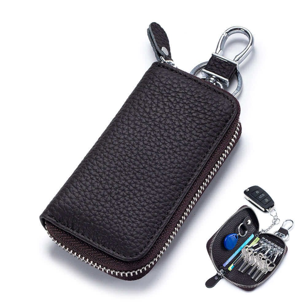 Coffee leather key holder wallet with multiple key slots.