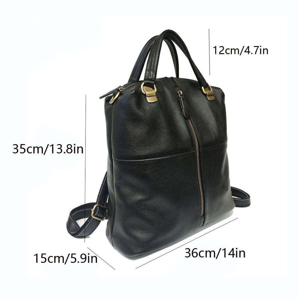 Women's black leather backpack styled as a handbag.