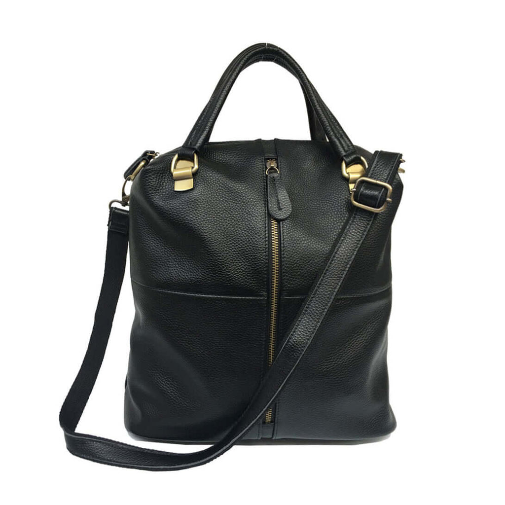 Women's black leather backpack styled as a shoulder bag.