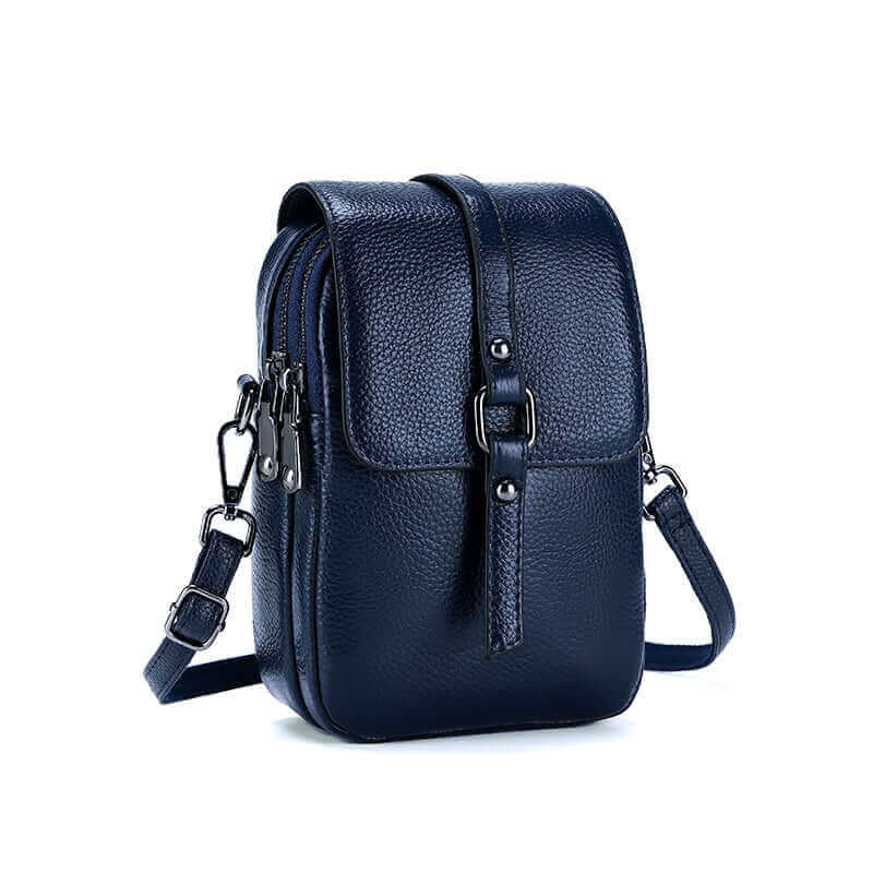 Genuine leather crossbody bag with zipper pockets.