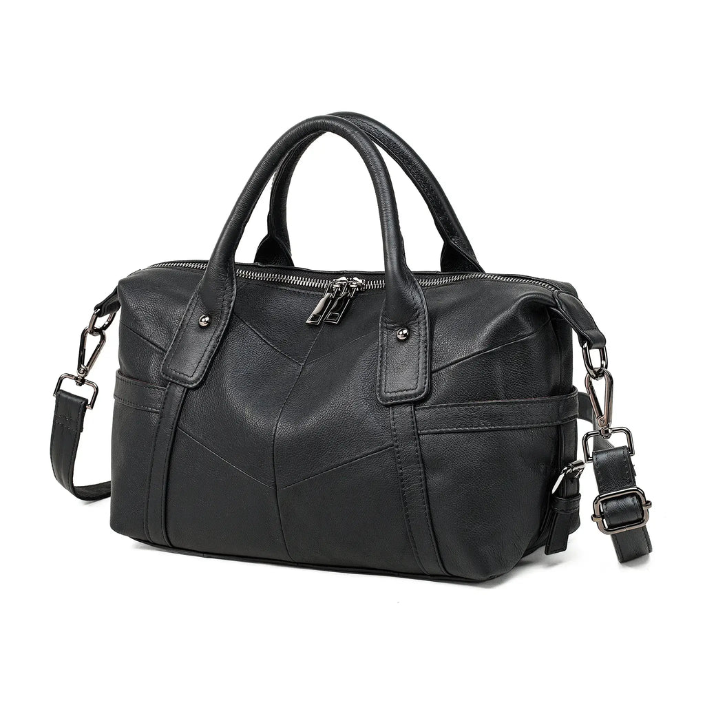 Side angle of the women’s leather handbag in black