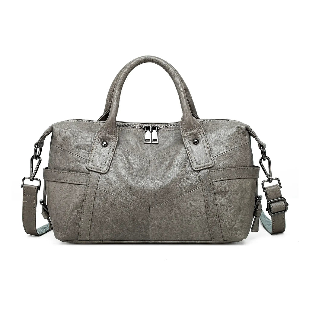 Grey leather handbag for women with clean stitching details