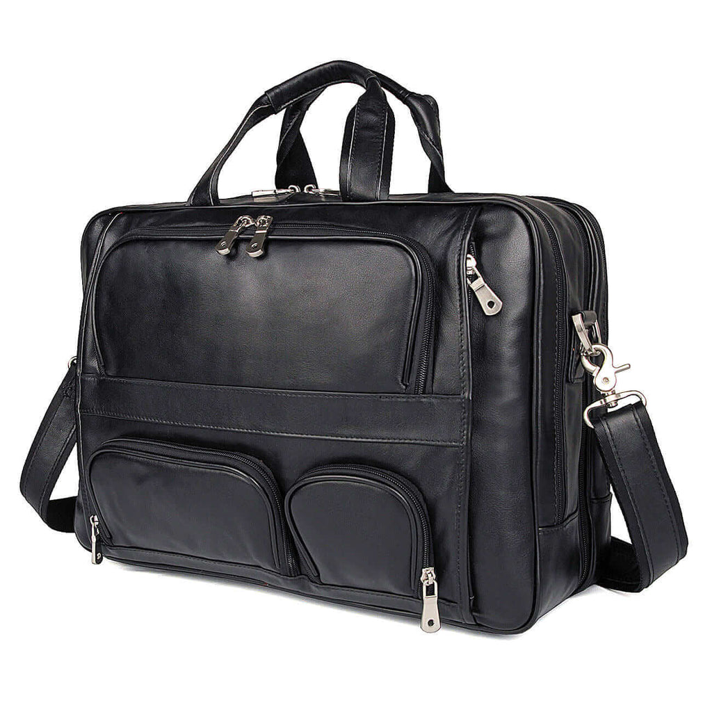 Genuine leather laptop bag for men, fits 17-inch laptop, black briefcase.