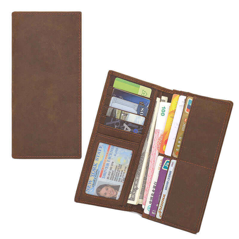 Open view of genuine leather long wallet with multiple card slots and compartments.