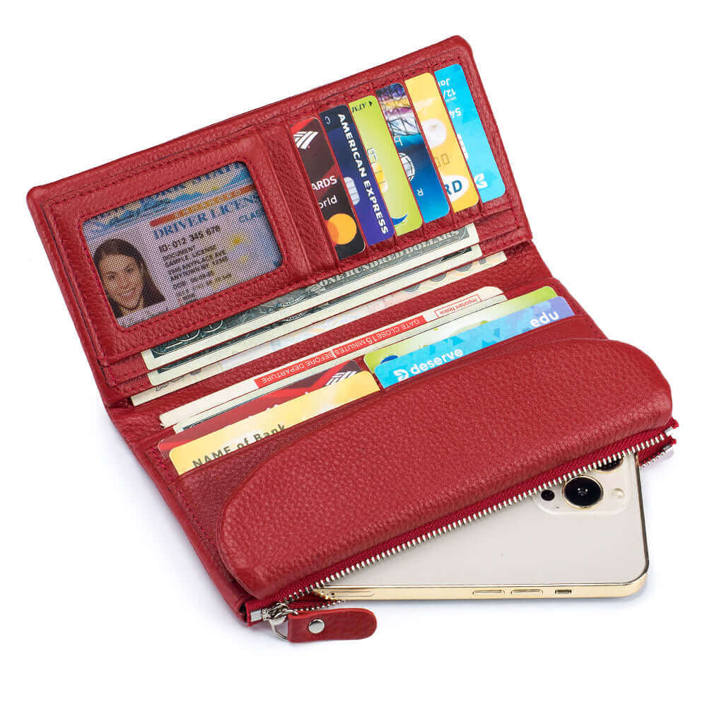 Red genuine leather long wallet with luxurious texture.