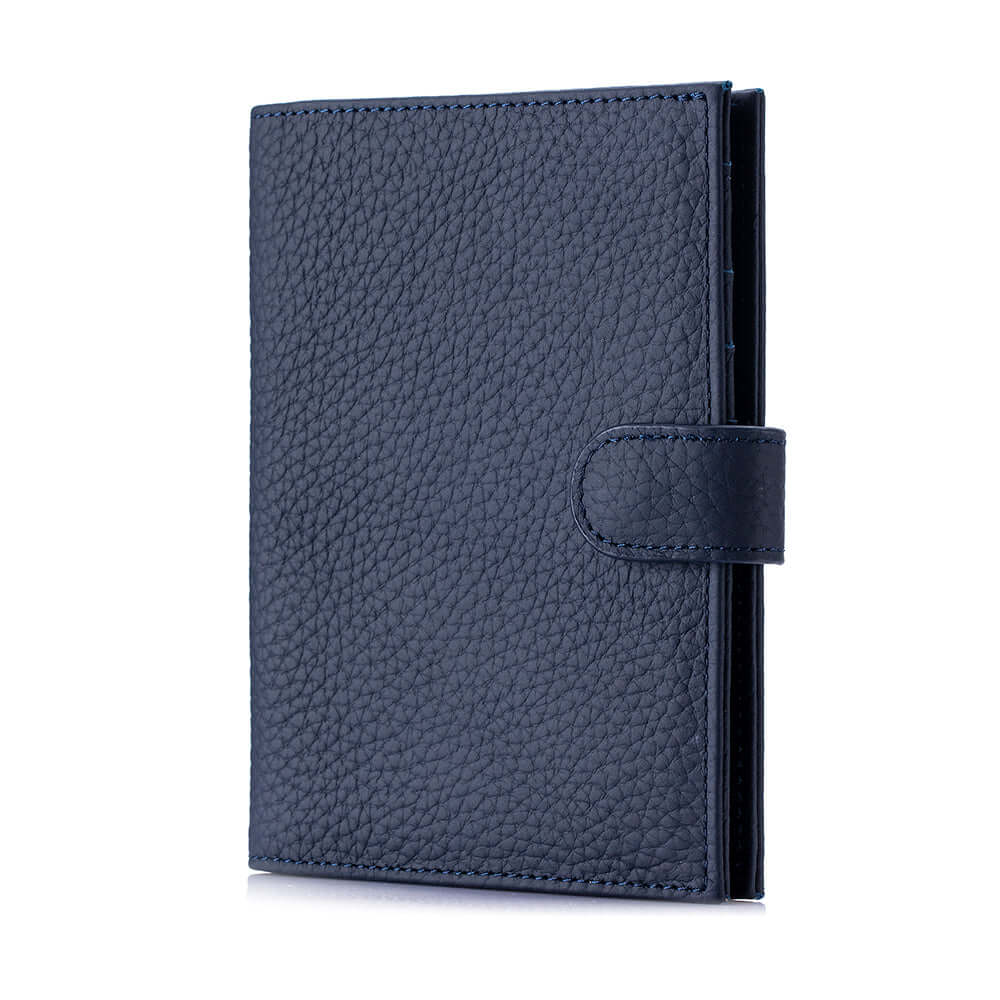 Navy blue leather travel RFID passport wallet.