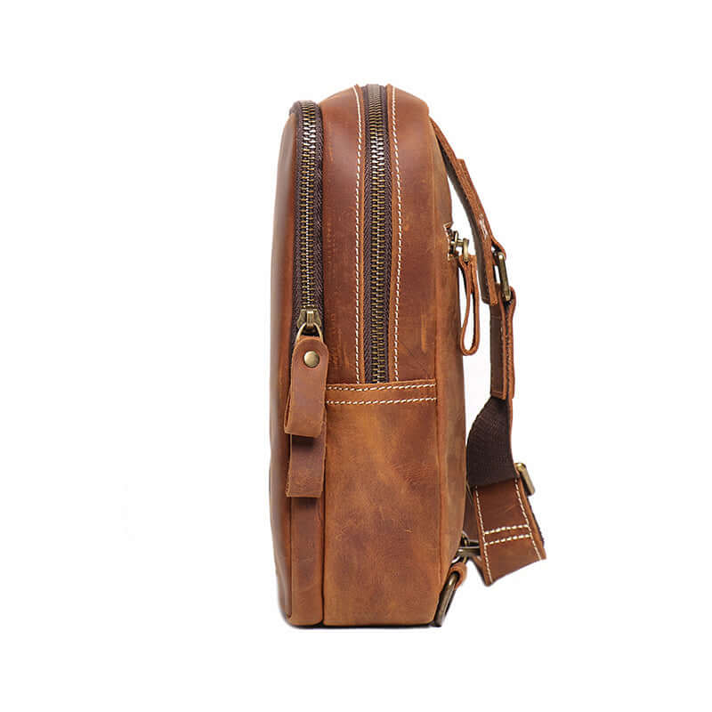 Side view of crazy horse leather sling bag