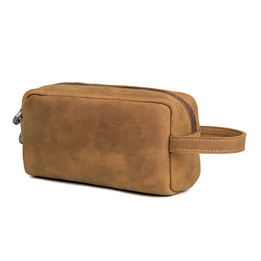 Genuine leather toiletry bag front view for travel use
