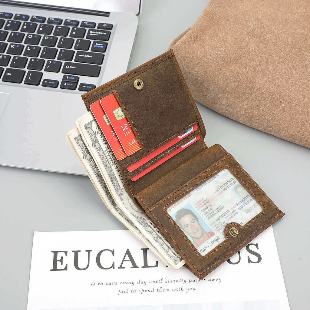Brown genuine leather wallet with coin pocket and photo window.