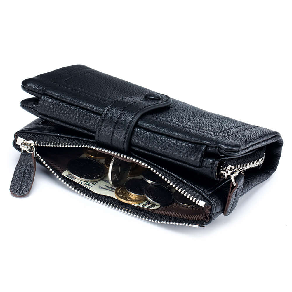 Women's wallet with outer zipper pockets.