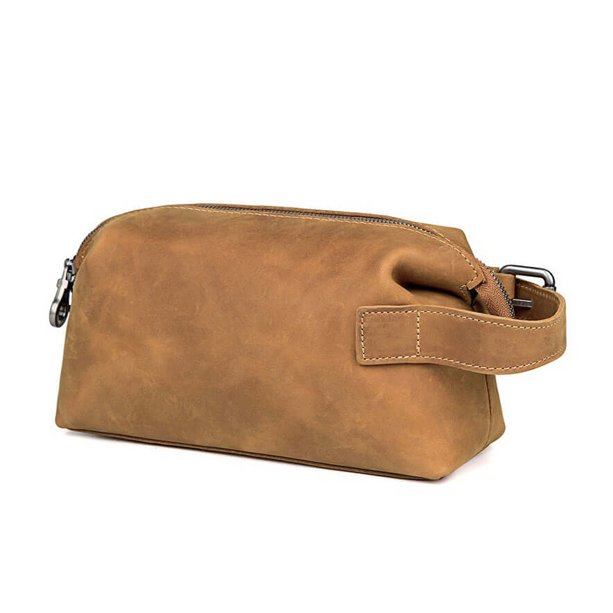 Brown genuine leather wash bag with vintage finish

