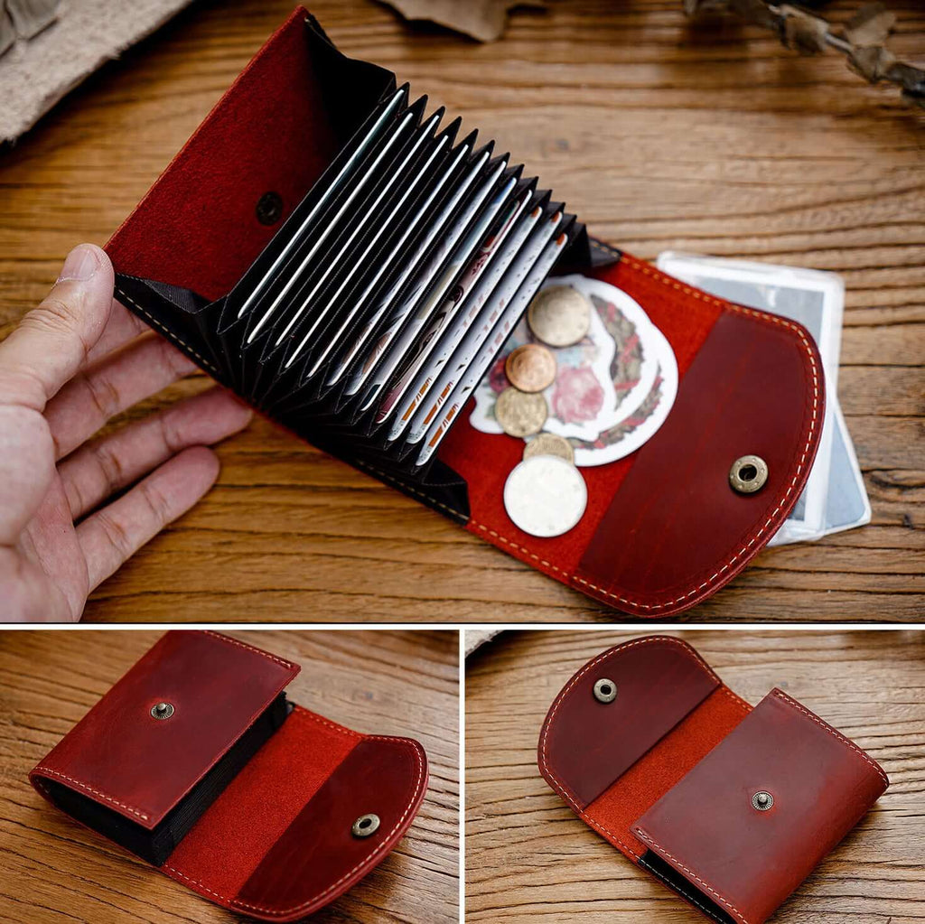 Red leather compact card wallet