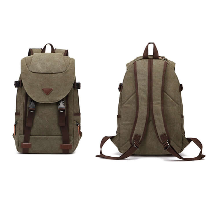 Green canvas backpack with top handle and front pocket