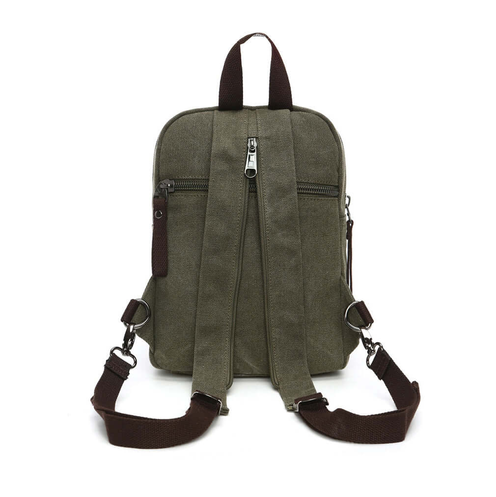 Back of mini green backpack with zipper pocket