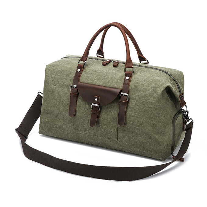 Green duffle bag with brown leather straps 43L