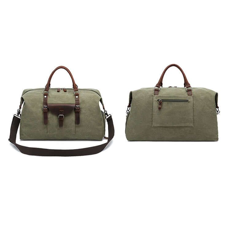 Green duffle bag with brown handles and straps front and back