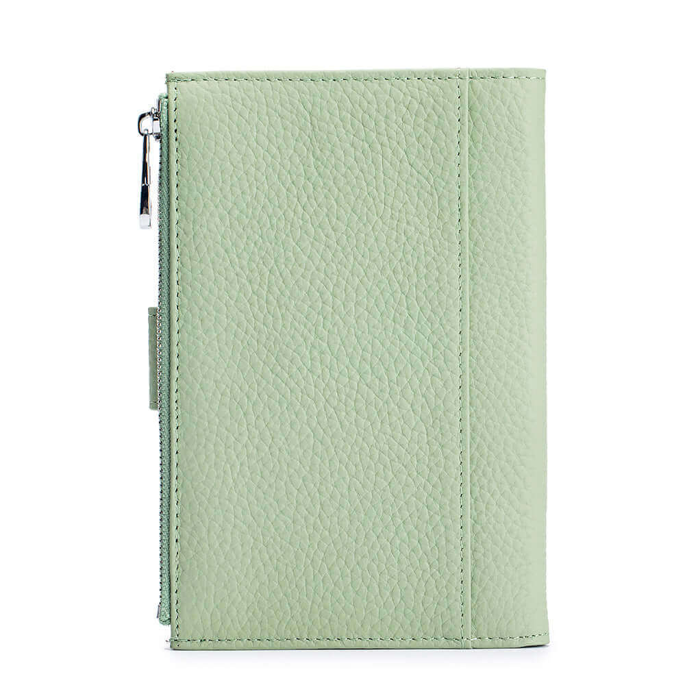 Back view of the green leather passport wallet.