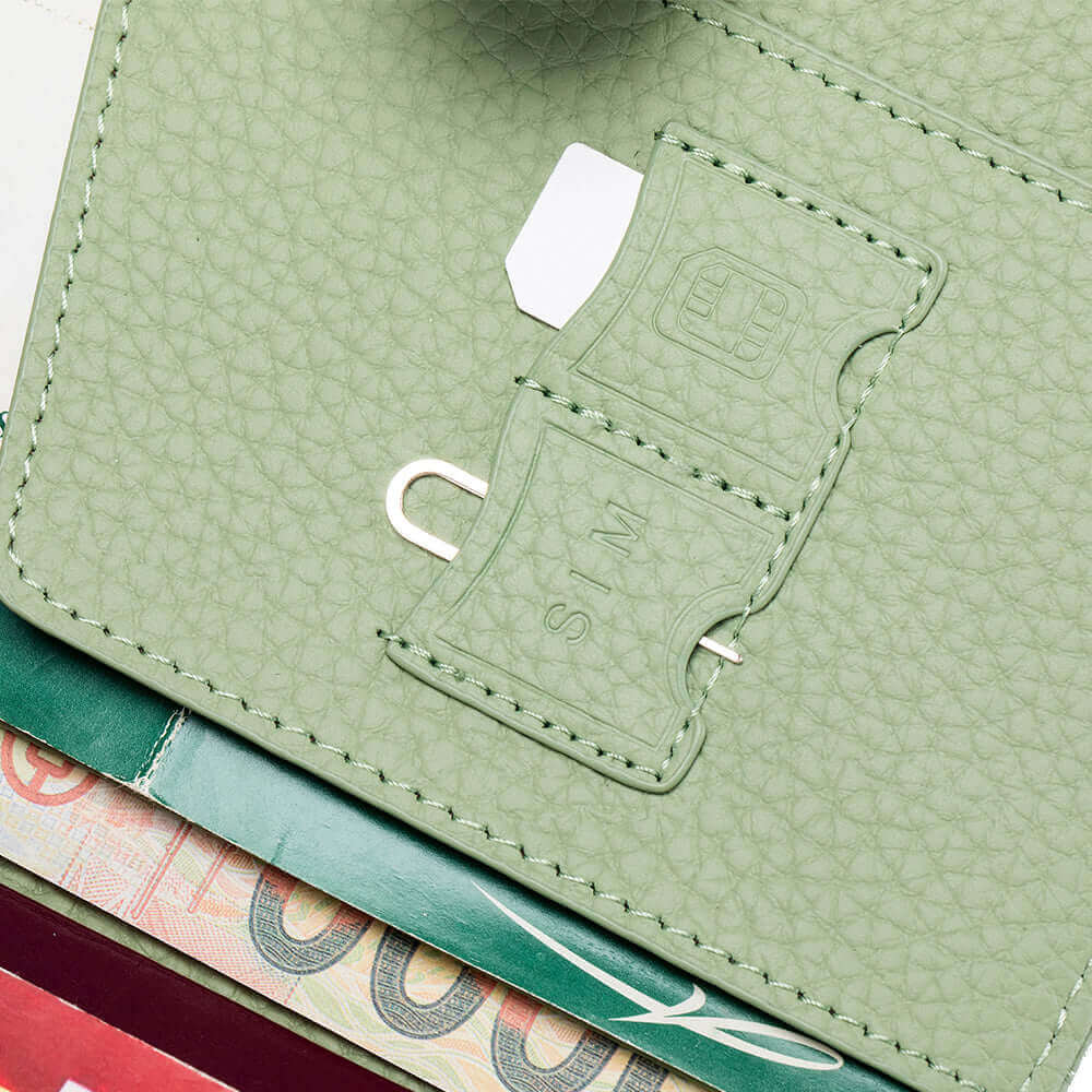 Detailed display of genuine leather passport wallet.