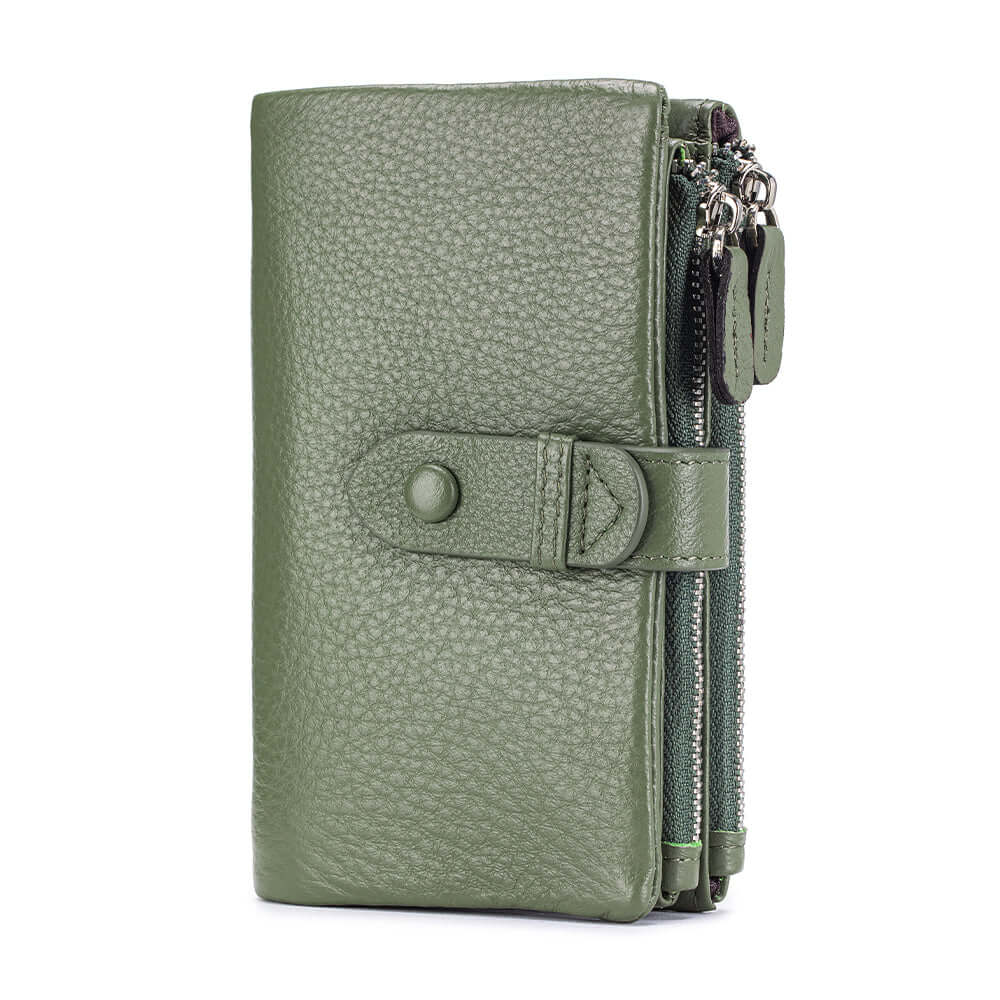 Green leather wallet with a zipper