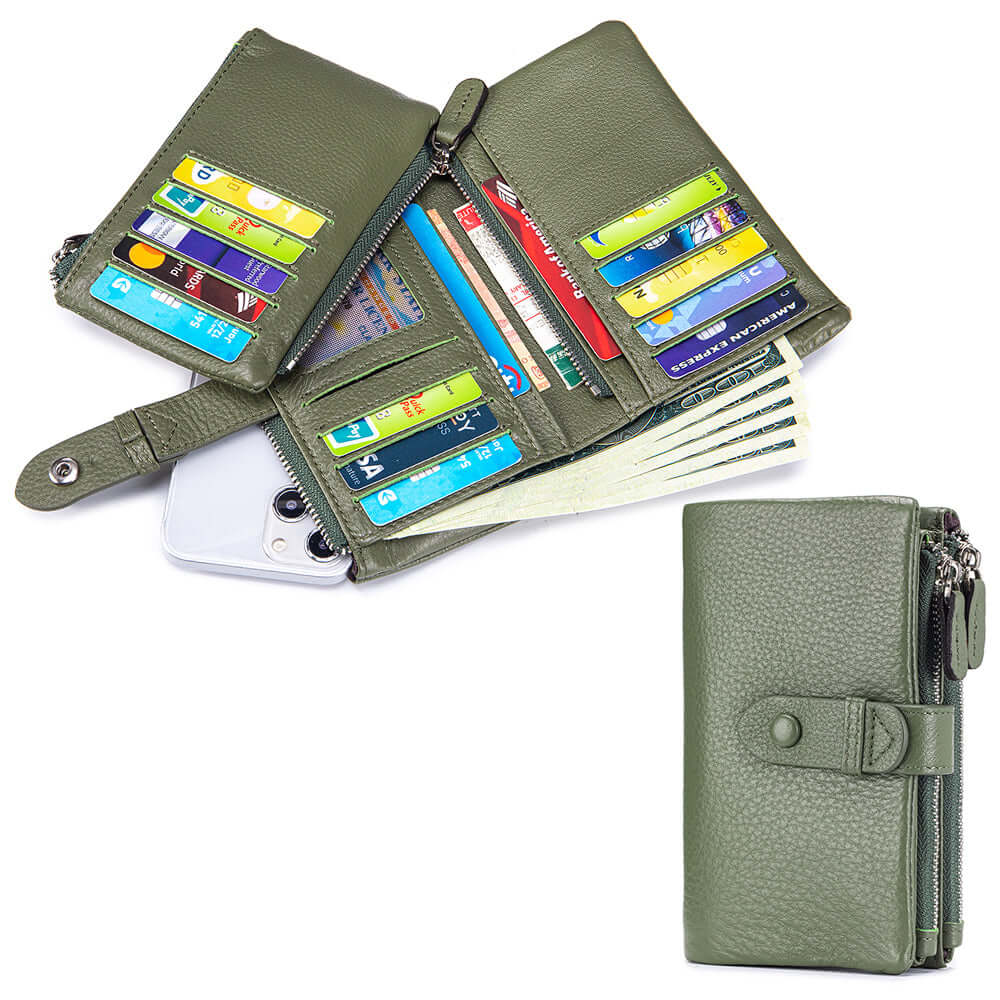 Green wallet with card slots and money compartments
