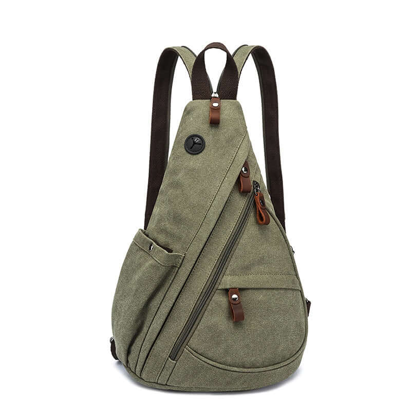 Green canvas sling bag with bottle side pocket and front zip
