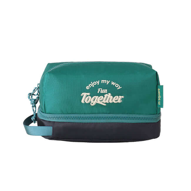 Green travel toiletry bag with wet and dry compartments.