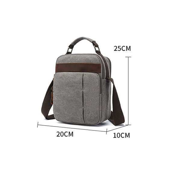 Gray canvas shoulder bag with brown accents and measurements