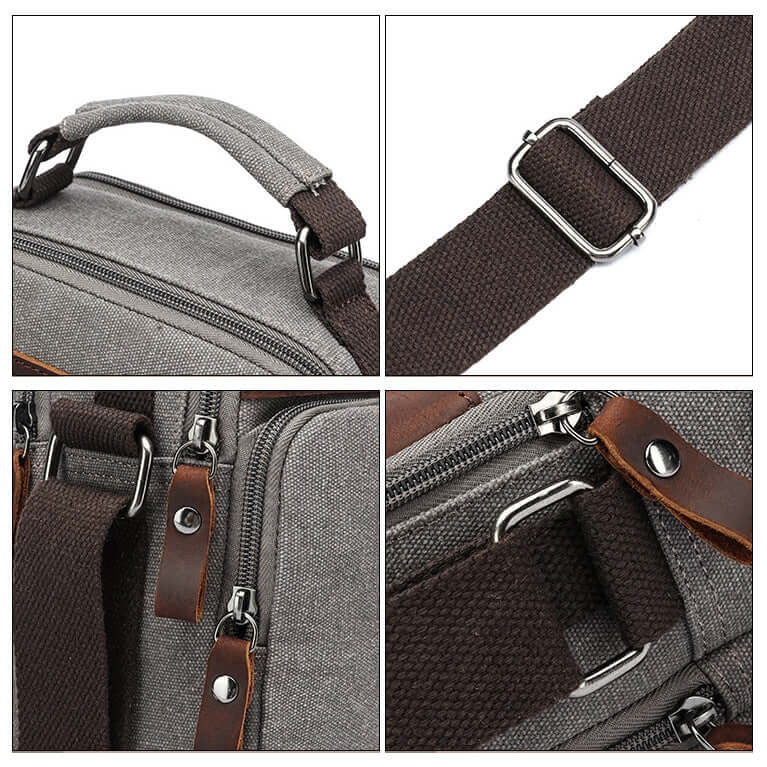 Collage of a gray bag with brown straps and zippers, focusing on details like handles and buckle.