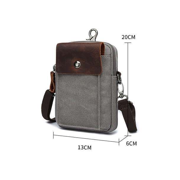 Gray crossbody bag with brown accents and measurements