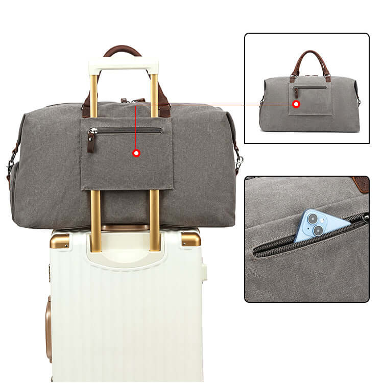 Grey duffel bag with gold handles