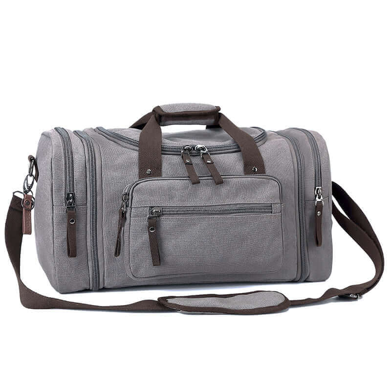 Canvas travel duffle bag showcasing multiple pockets for easy organization and storage.