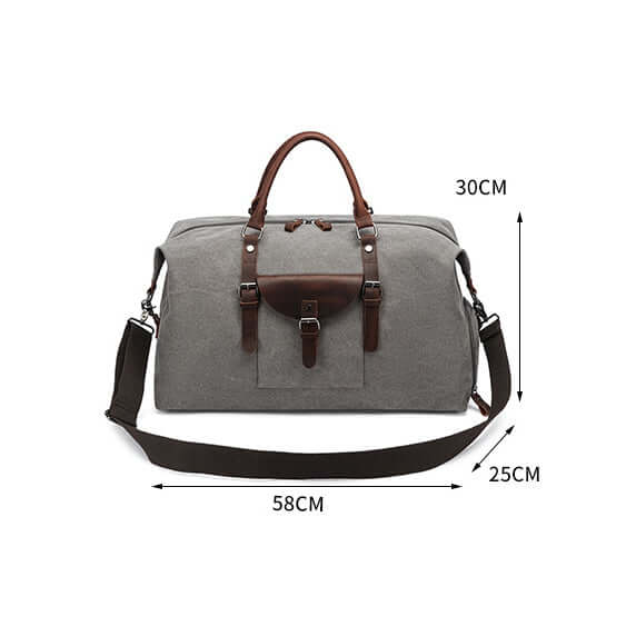 Grey duffel bag with brown leather straps and dimensions