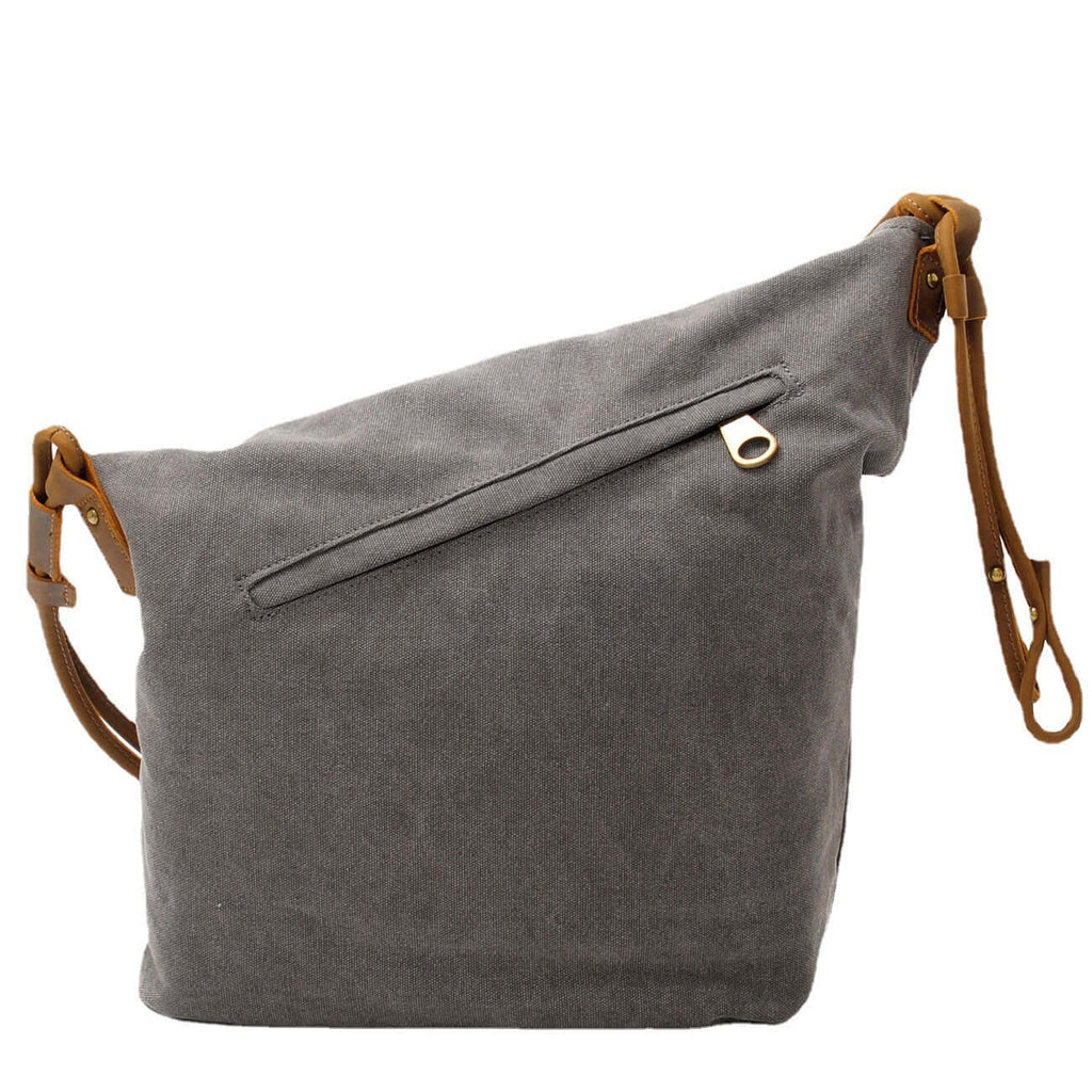 Back of grey canvas crossbody bag