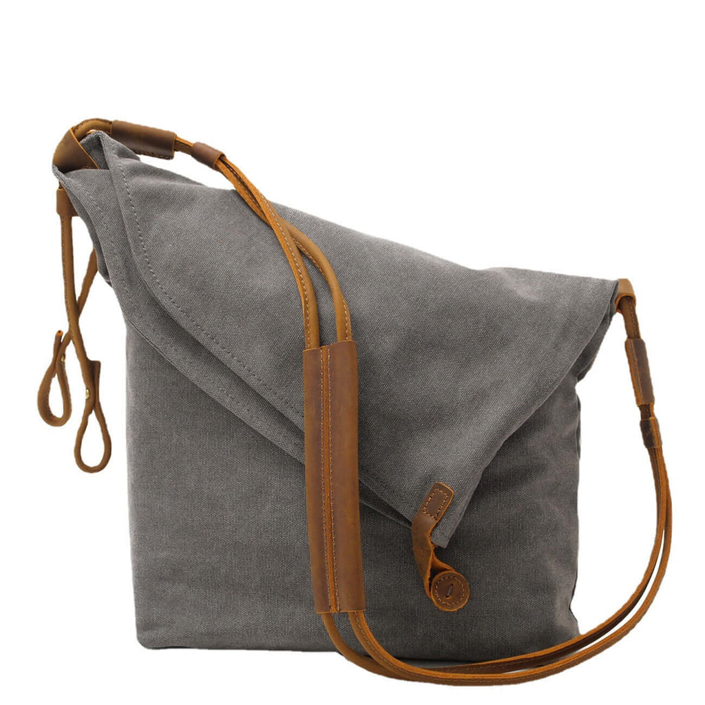 Grey canvas shoulder bag front view