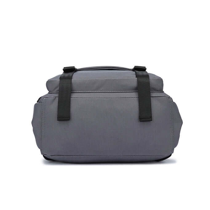 Bottom view of the grey backpack.