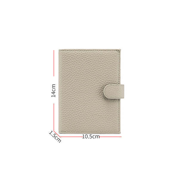 Grey leather passport wallet with dimensions indicated.