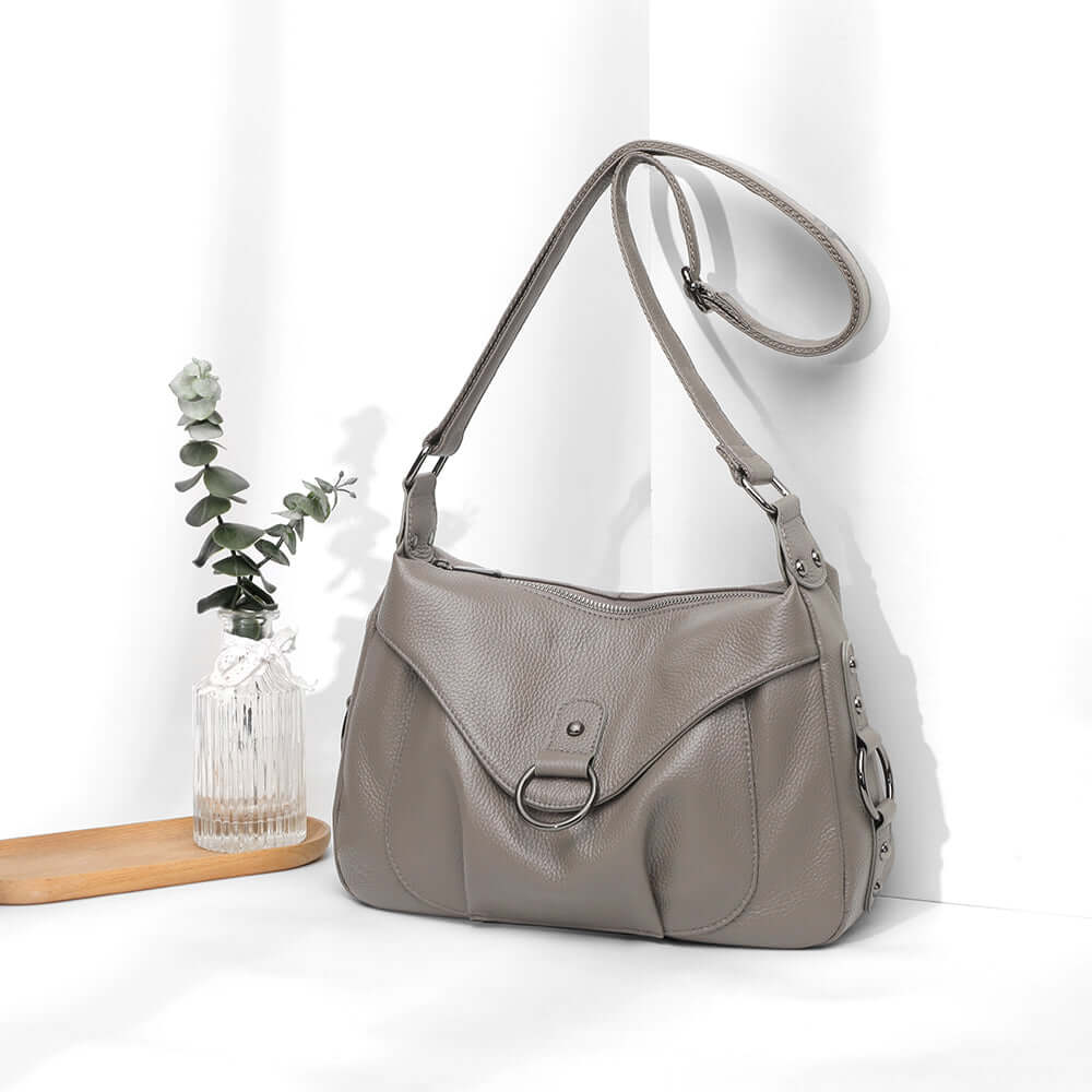 Everyday styling with the grey leather shoulder bag