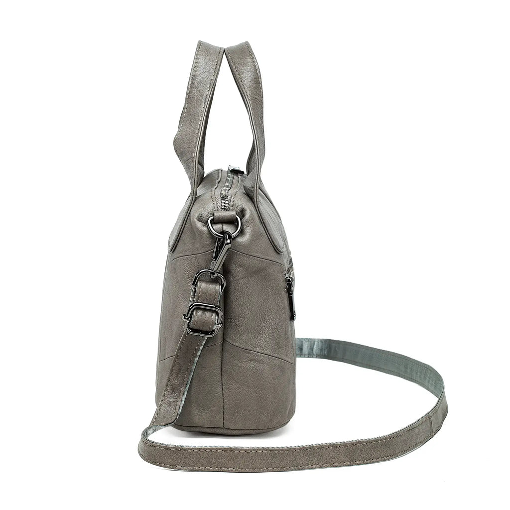 Gray leather bag with a strap