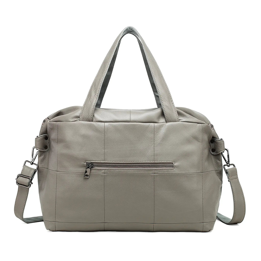 Gray leather handbag with multiple zippers