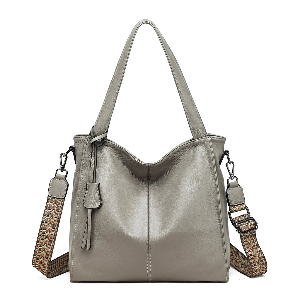 Front view of grey soft leather tote bag for women