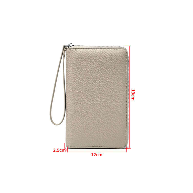 Grey genuine leather passport walllet with dimensions.