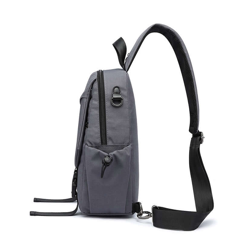 Side profile of the men’s sling bag, featuring secure buckles and pockets.