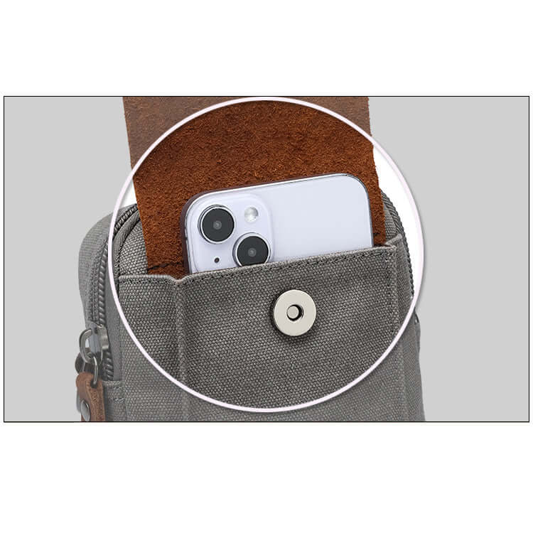Grey bag with a pocket holding a smartphone