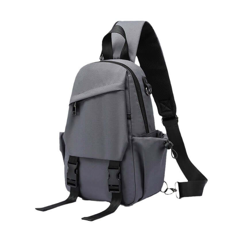 Front view of a grey waterproof men’s sling bag with multiple compartments.