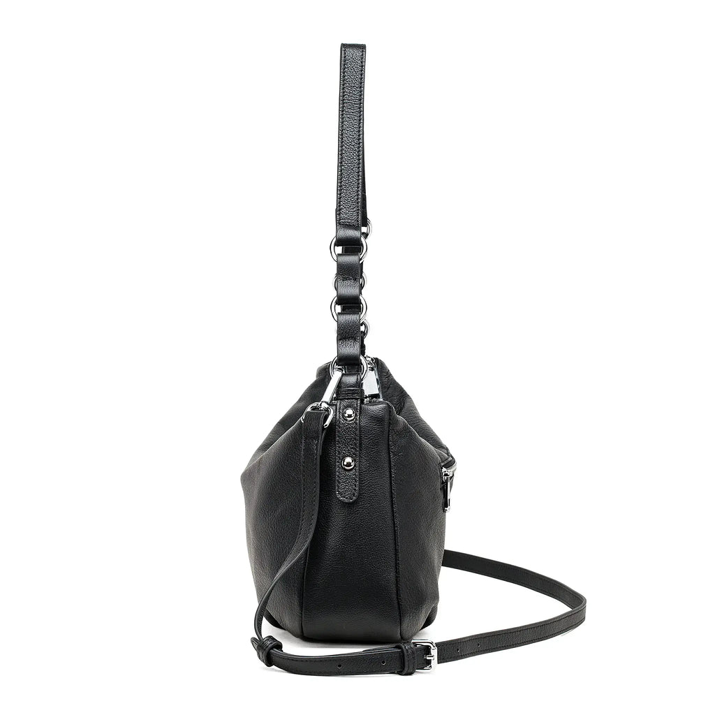 Side hardware and straps of leather shoulder bag