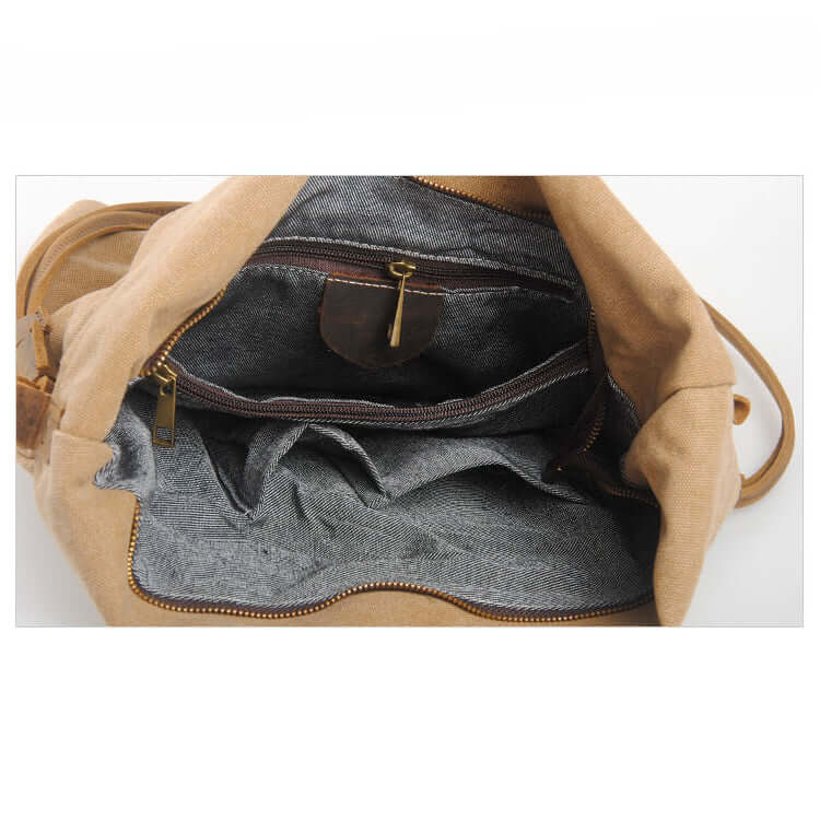Wide top opening of khaki canvas bag
